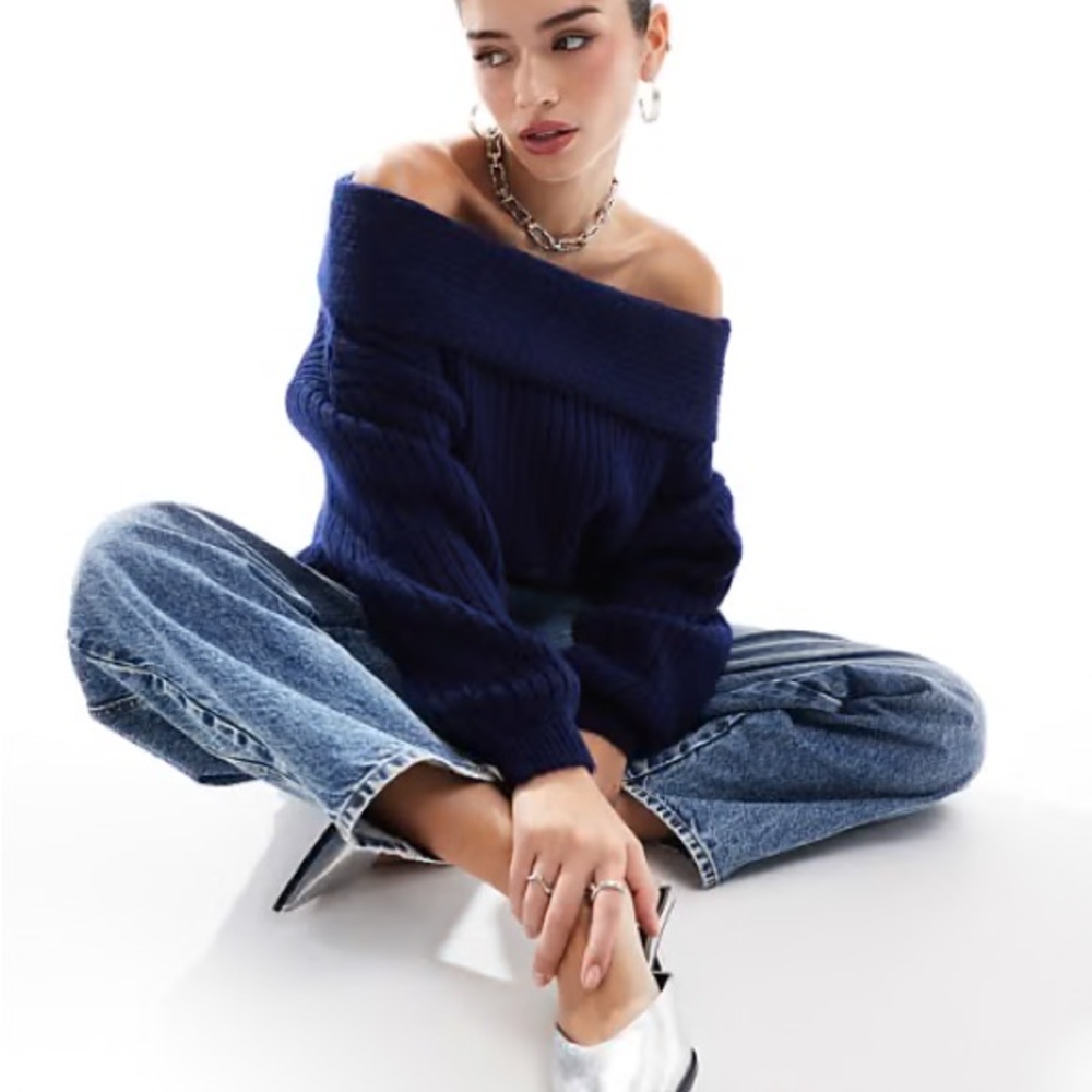 ASOS Off-Shoulder Navy Sweater - Picture 2 of 4